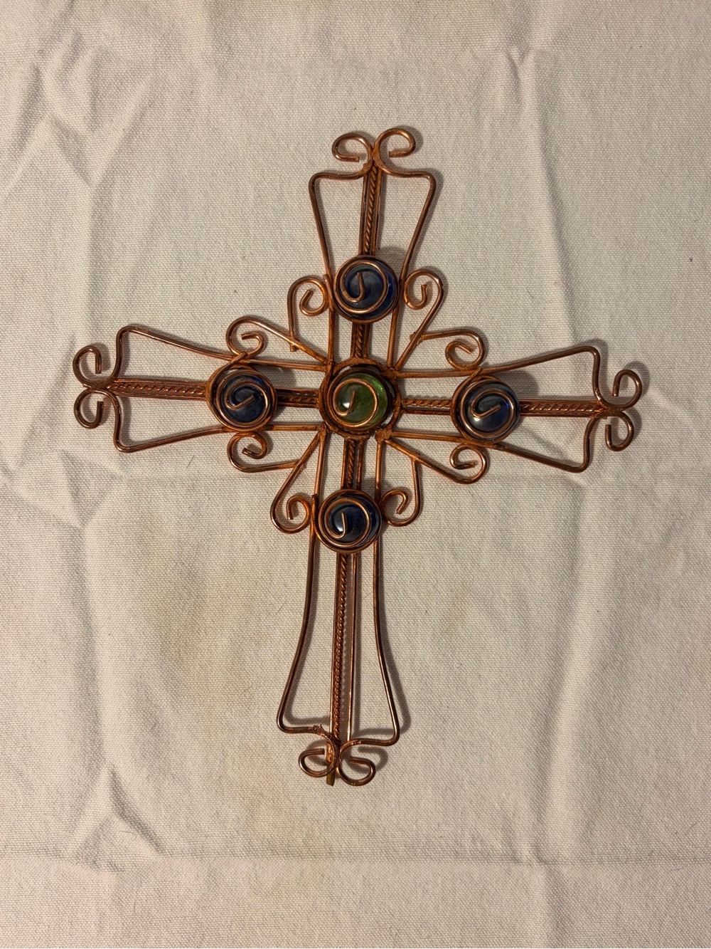 Source Unknown Copper Tone Wall Cross with Blue and Green Accents